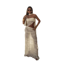 Scarf Strapless Top Mesh Irregular Hem Multi-Pleated Skirt Beach Party Matching Pretty Suits