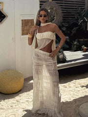Scarf Strapless Top Mesh Irregular Hem Multi-Pleated Skirt Beach Party Matching Pretty Suits