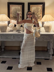 Scarf Strapless Top Mesh Irregular Hem Multi-Pleated Skirt Beach Party Matching Pretty Suits