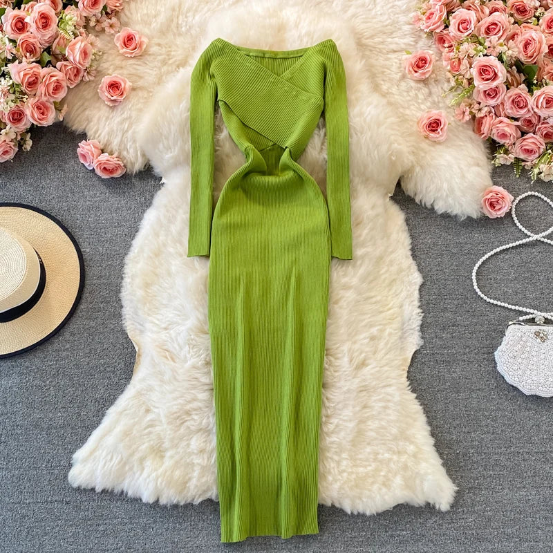 Screw Thread Knitted Dress for Women V-neck A-line Female Dresses Long Sleeve