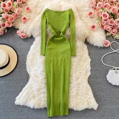 Screw Thread Knitted Dress for Women V-neck A-line Female Dresses Long Sleeve