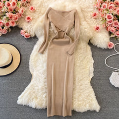 Screw Thread Knitted Dress for Women V-neck A-line Female Dresses Long Sleeve