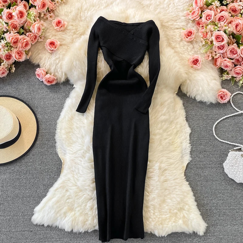 Screw Thread Knitted Dress for Women V-neck A-line Female Dresses Long Sleeve