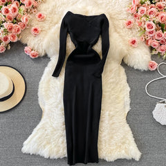 Screw Thread Knitted Dress for Women V-neck A-line Female Dresses Long Sleeve