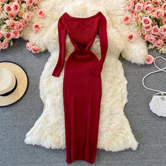 Screw Thread Knitted Dress for Women V-neck A-line Female Dresses Long Sleeve