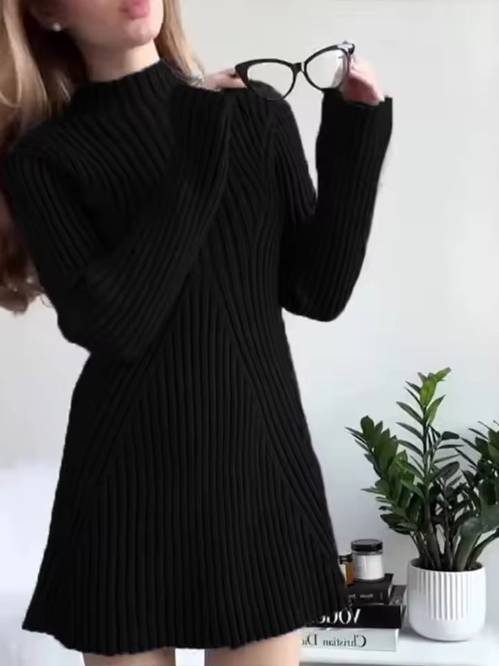 Casual O-neck Flare Sleeve Ribbed Pattern Knitted A-line Dress
