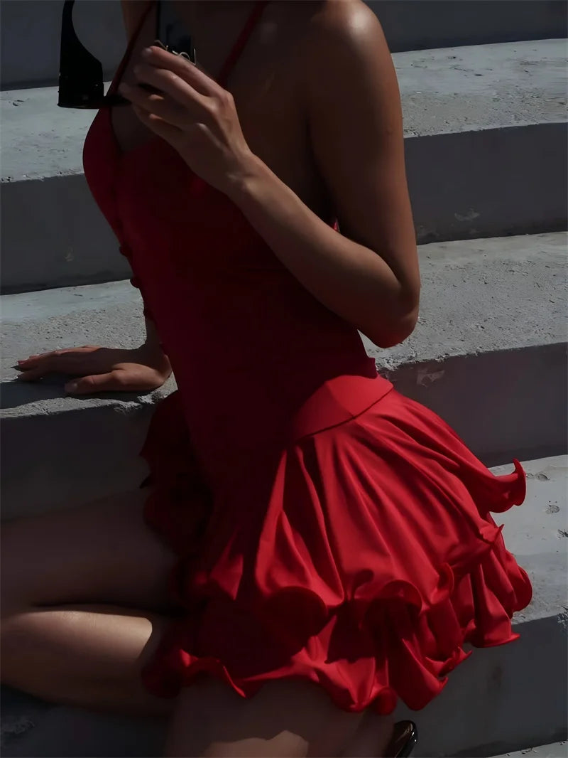 Ruffle V Neck Sleeveless Backless High Waist A-line Club Party Dresses