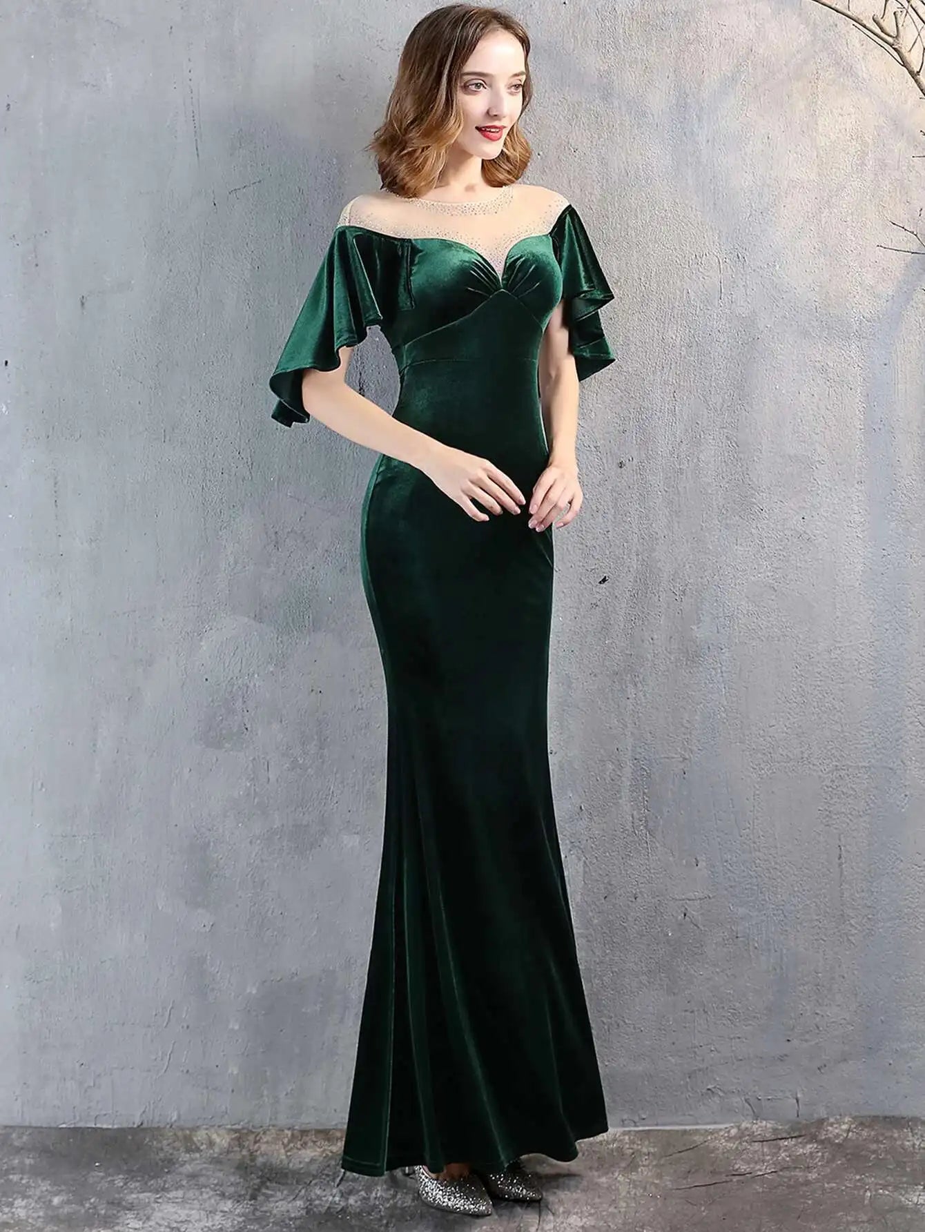 Luxury Mesh Velvet Diamonds O-Neck Wedding Cocktail Evening Dresses