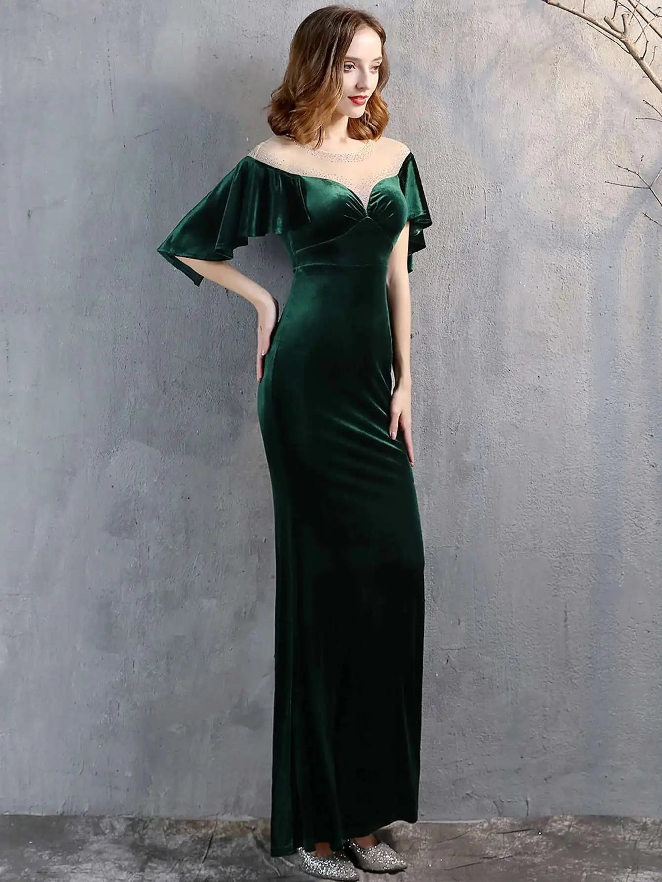 Luxury Mesh Velvet Diamonds O-Neck Wedding Cocktail Evening Dresses