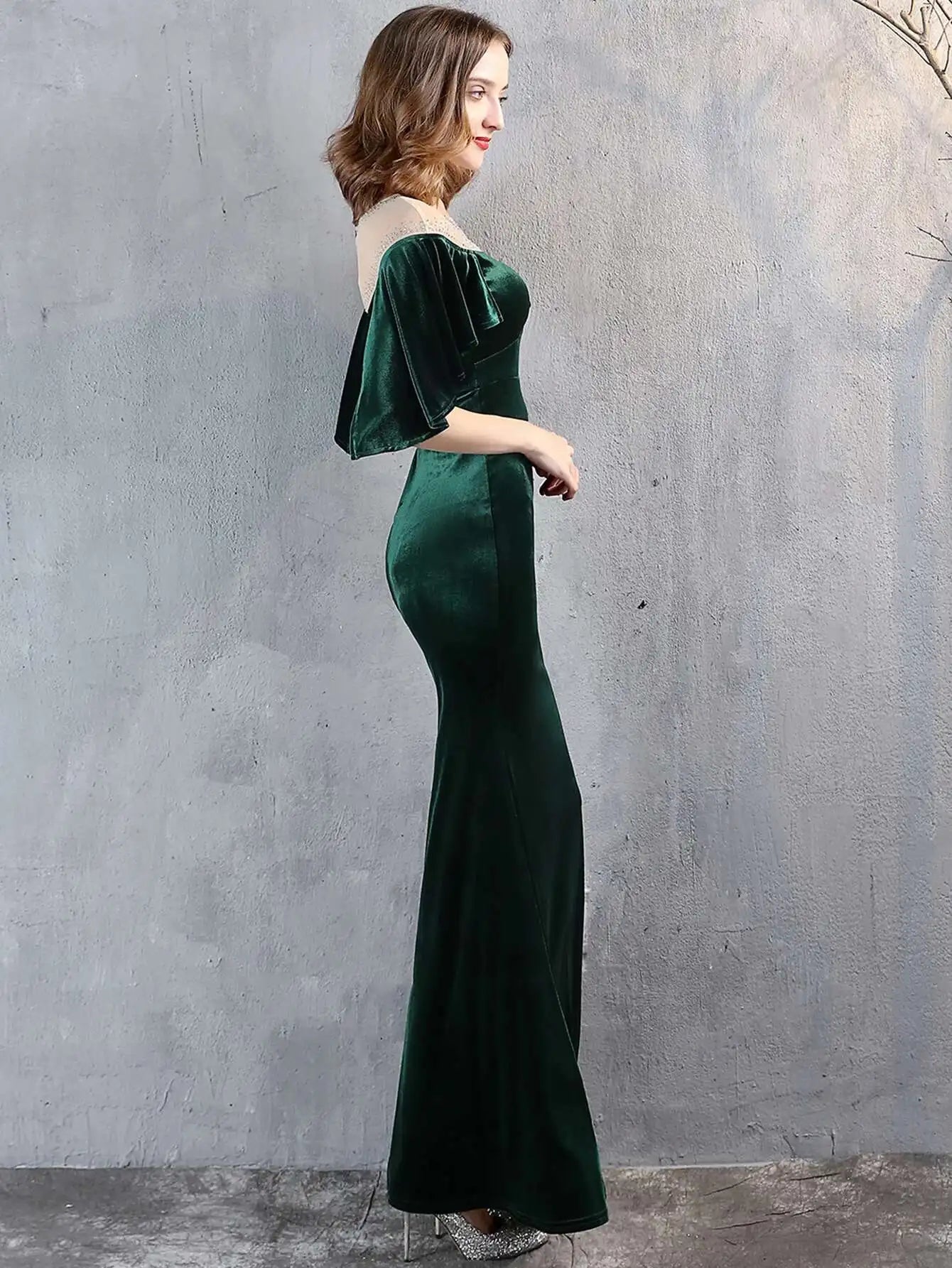 Luxury Mesh Velvet Diamonds O-Neck Wedding Cocktail Evening Dresses
