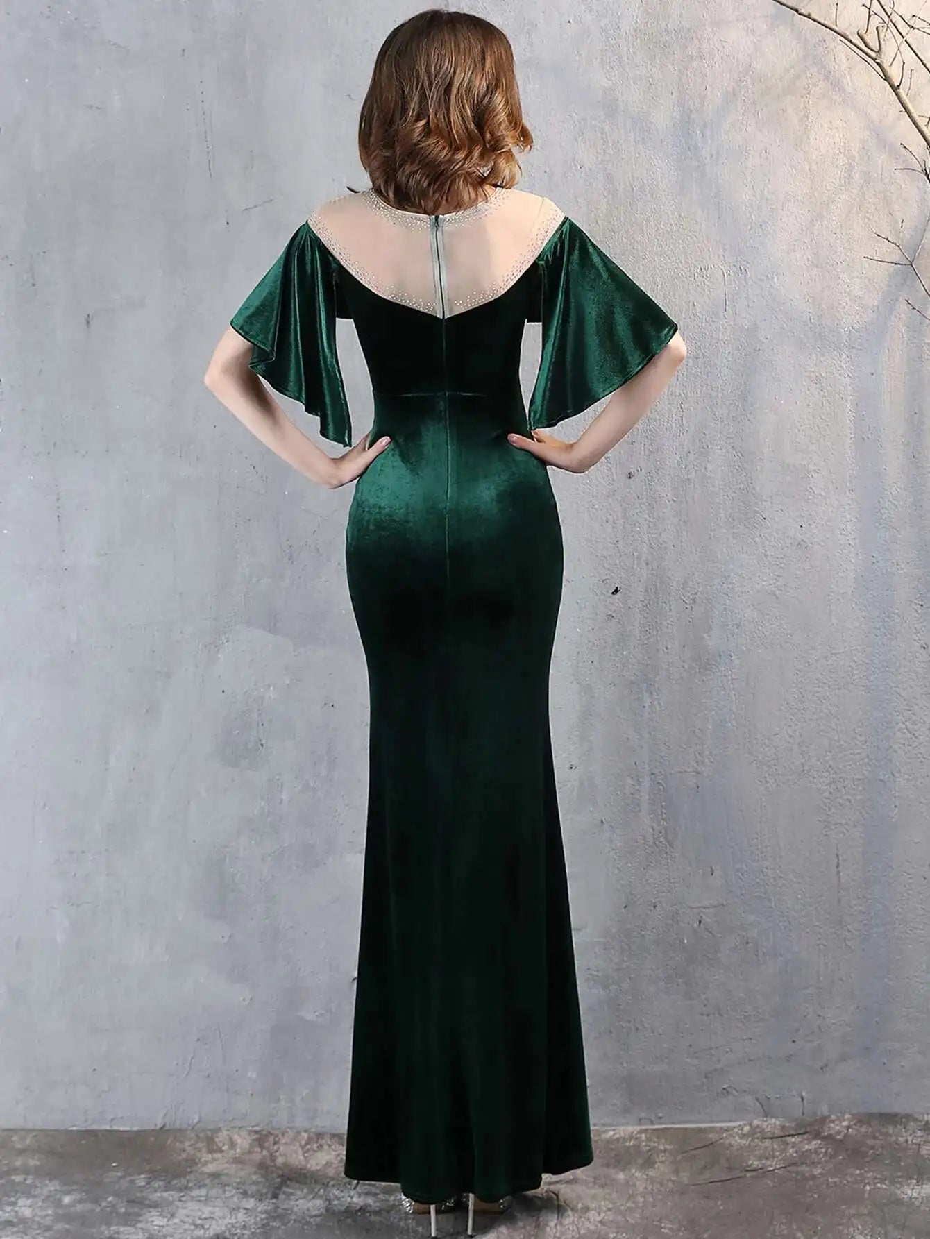 Luxury Mesh Velvet Diamonds O-Neck Wedding Cocktail Evening Dresses