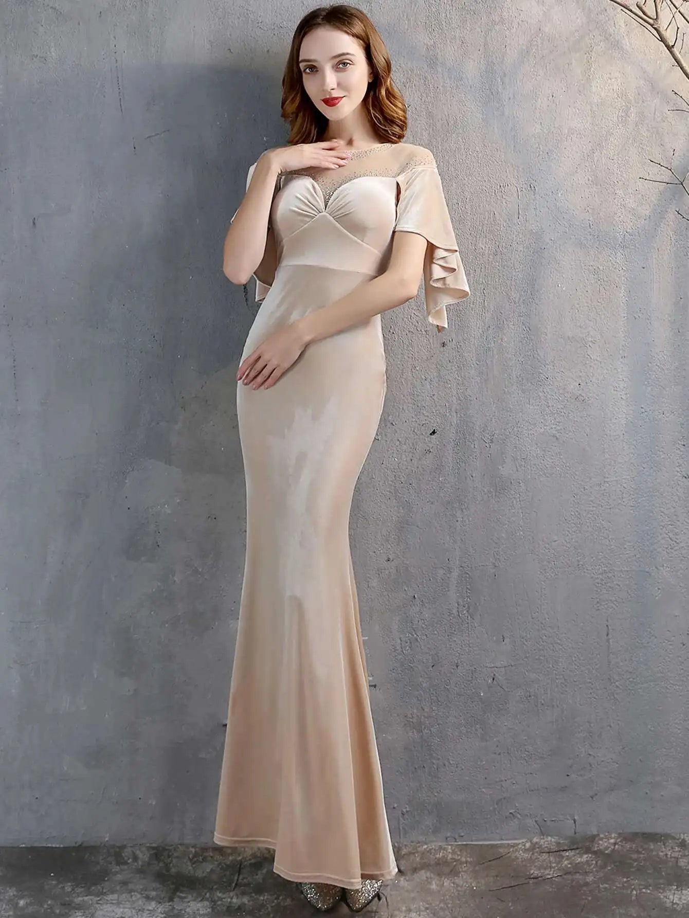 Luxury Mesh Velvet Diamonds O-Neck Wedding Cocktail Evening Dresses