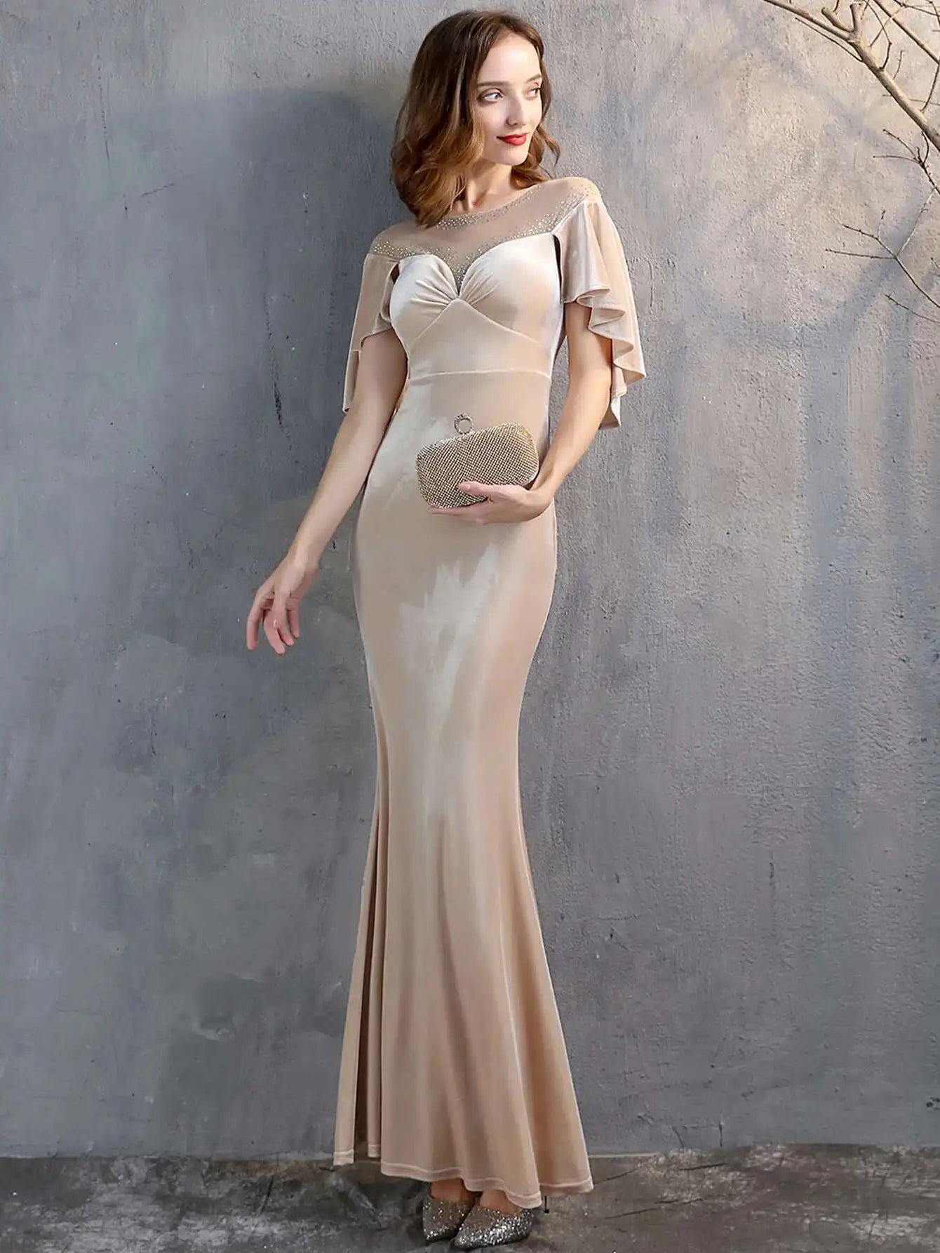 Luxury Mesh Velvet Diamonds O-Neck Wedding Cocktail Evening Dresses