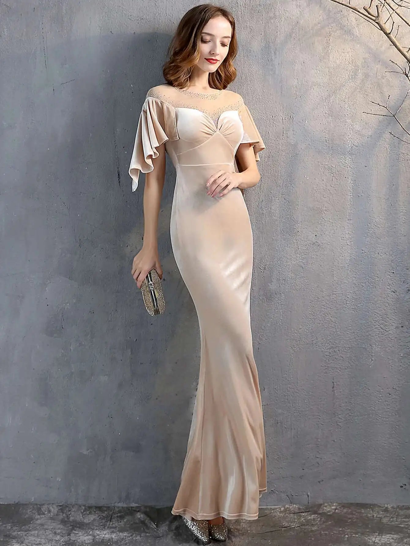 Luxury Mesh Velvet Diamonds O-Neck Wedding Cocktail Evening Dresses