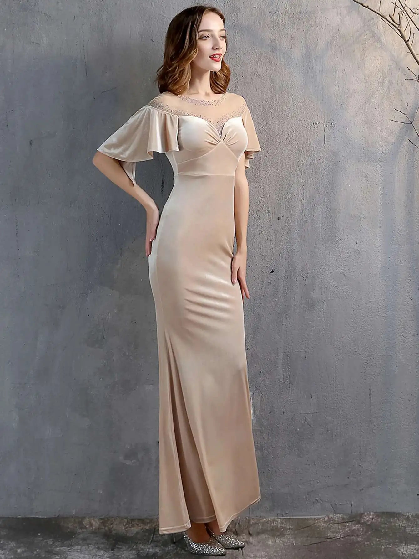 Luxury Mesh Velvet Diamonds O-Neck Wedding Cocktail Evening Dresses