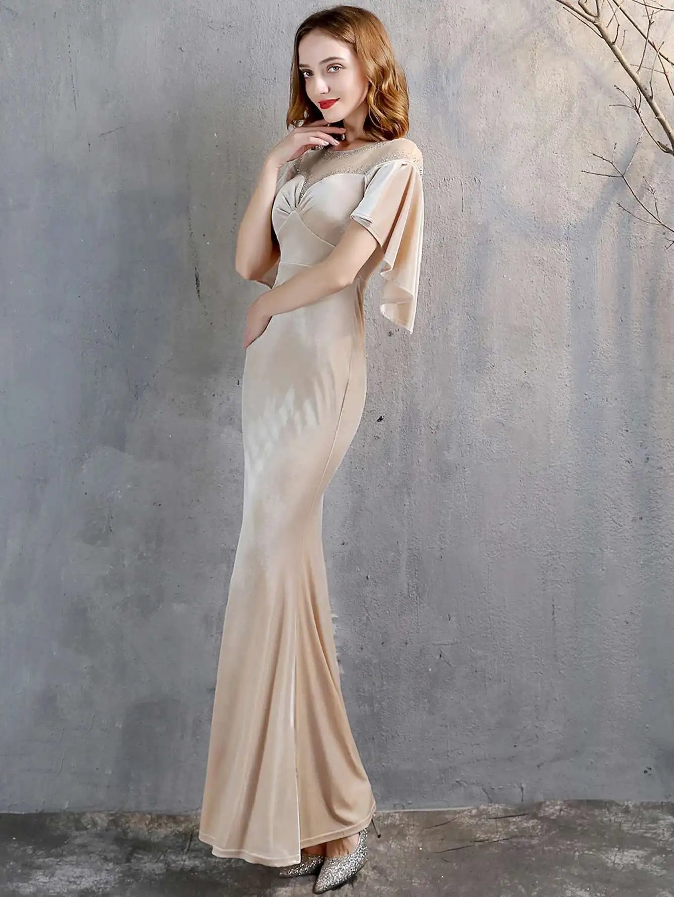 Luxury Mesh Velvet Diamonds O-Neck Wedding Cocktail Evening Dresses