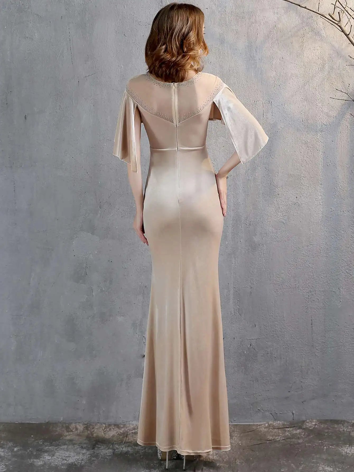 Luxury Mesh Velvet Diamonds O-Neck Wedding Cocktail Evening Dresses