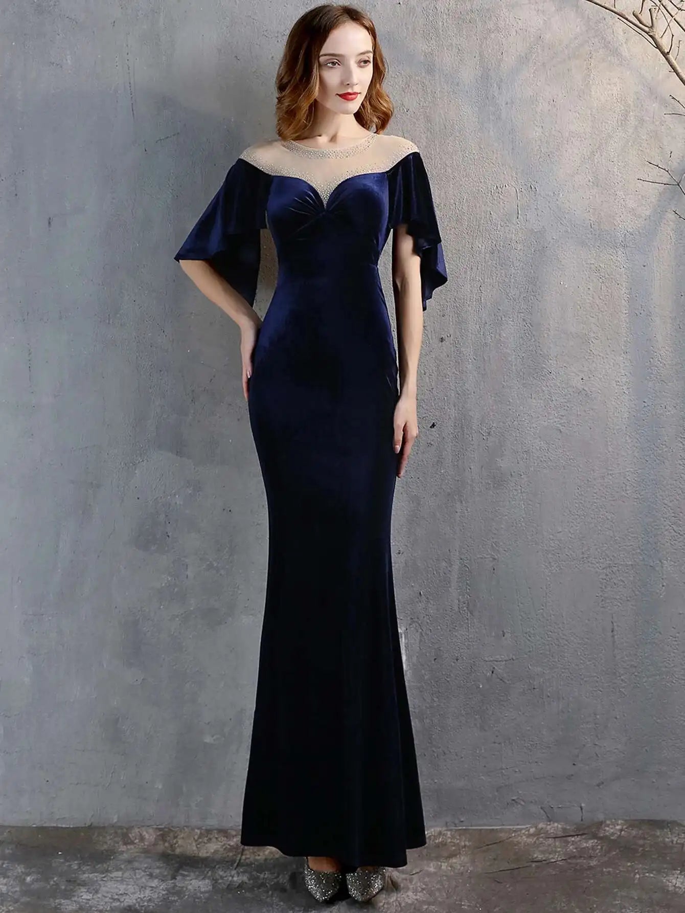 Luxury Mesh Velvet Diamonds O-Neck Wedding Cocktail Evening Dresses