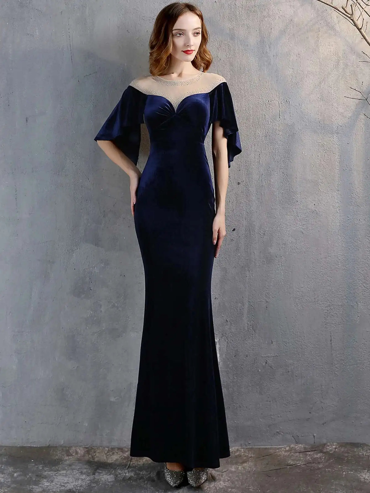 Luxury Mesh Velvet Diamonds O-Neck Wedding Cocktail Evening Dresses