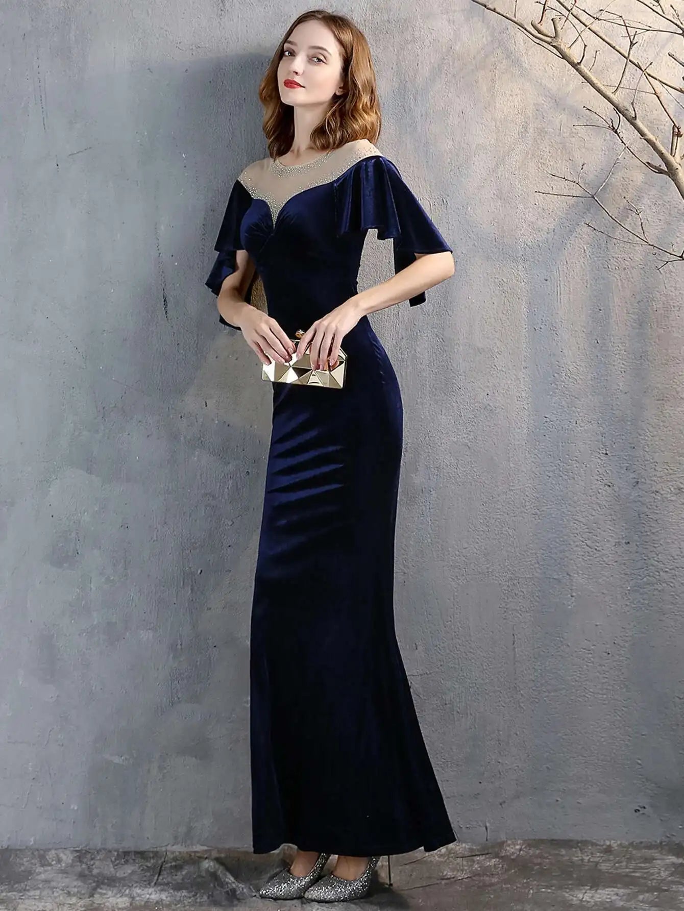 Luxury Mesh Velvet Diamonds O-Neck Wedding Cocktail Evening Dresses