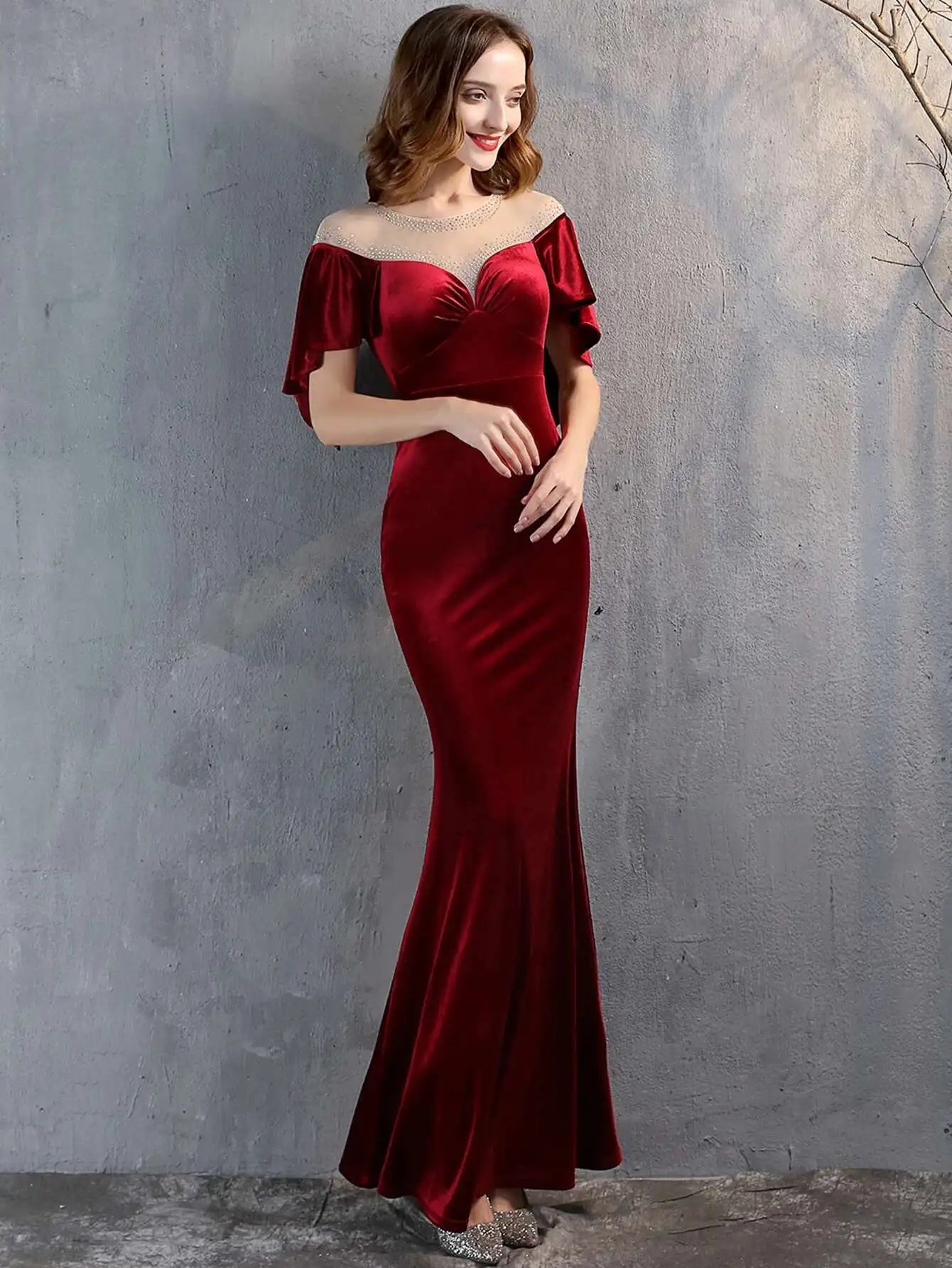 Luxury Mesh Velvet Diamonds O-Neck Wedding Cocktail Evening Dresses