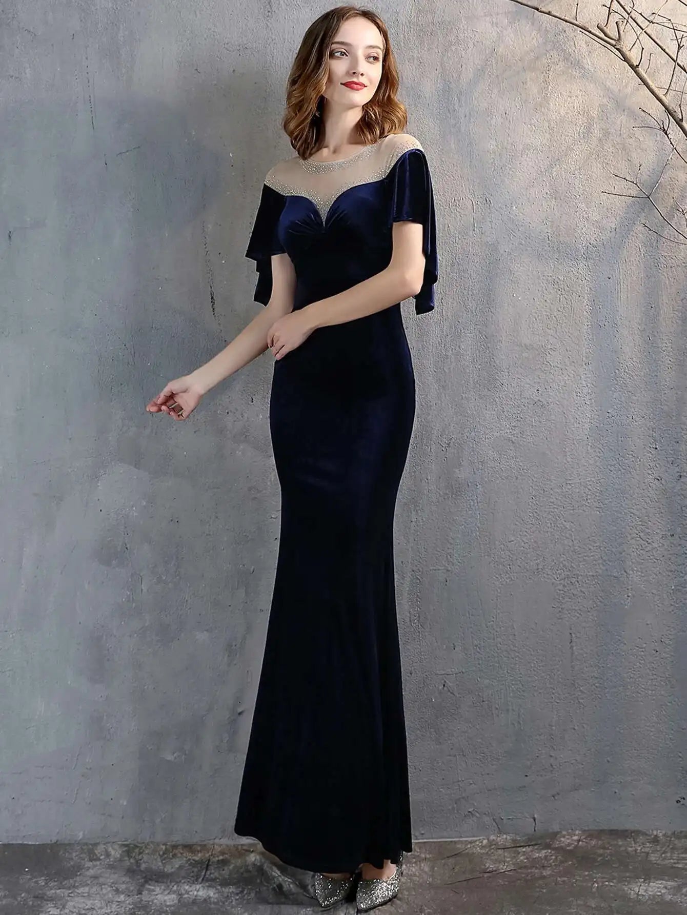 Luxury Mesh Velvet Diamonds O-Neck Wedding Cocktail Evening Dresses