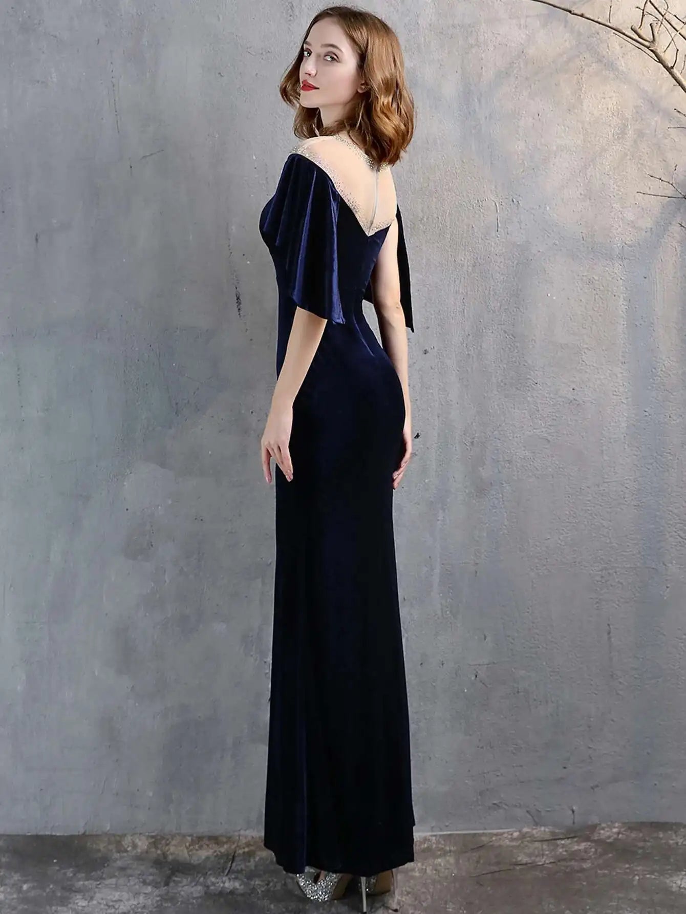 Luxury Mesh Velvet Diamonds O-Neck Wedding Cocktail Evening Dresses