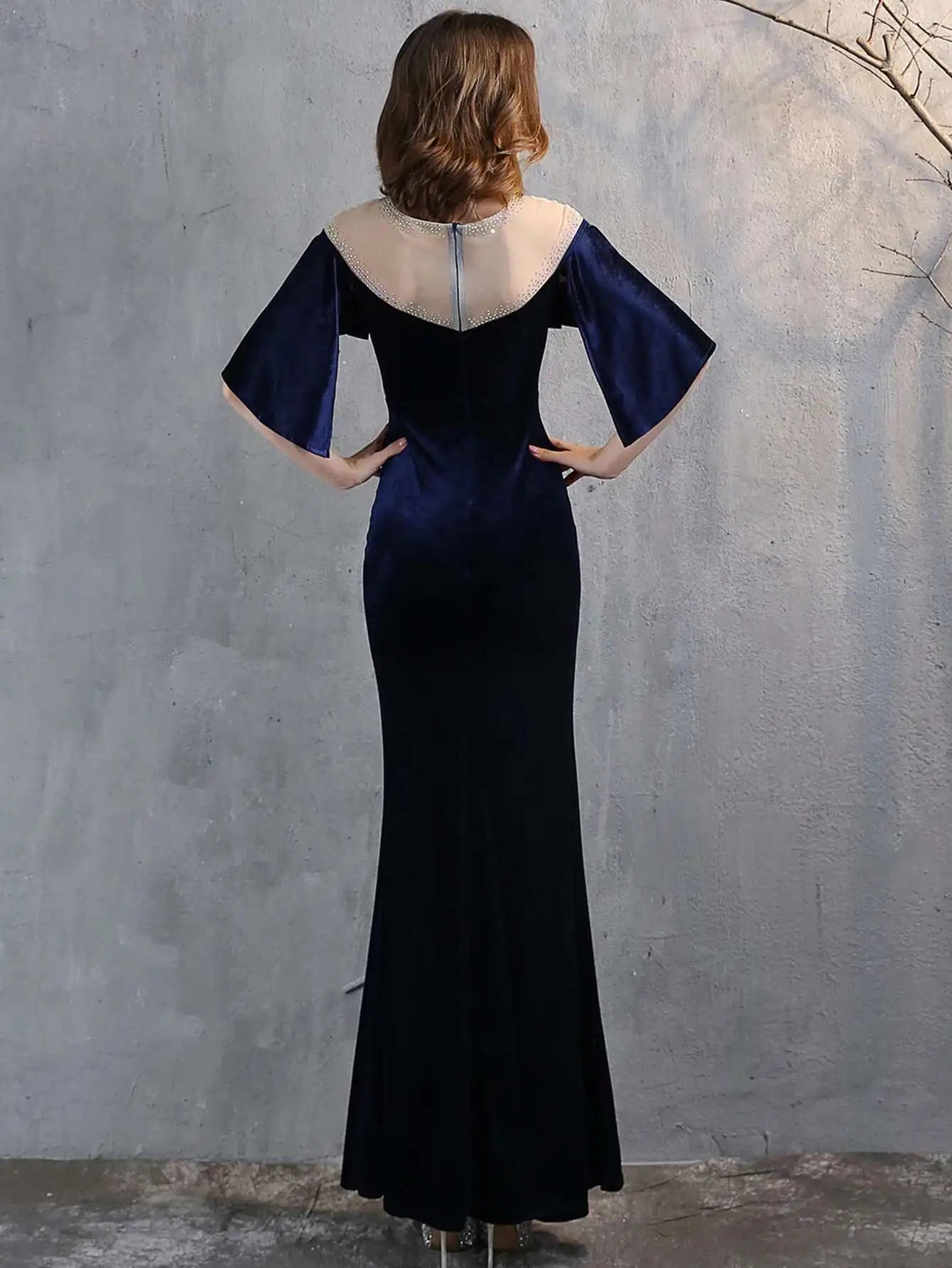 Luxury Mesh Velvet Diamonds O-Neck Wedding Cocktail Evening Dresses