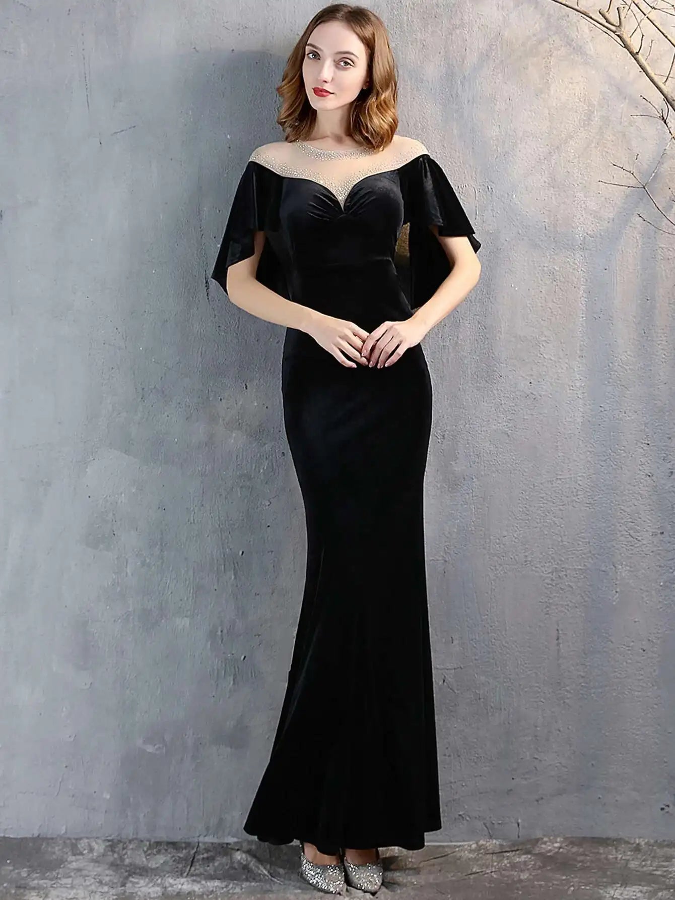Luxury Mesh Velvet Diamonds O-Neck Wedding Cocktail Evening Dresses