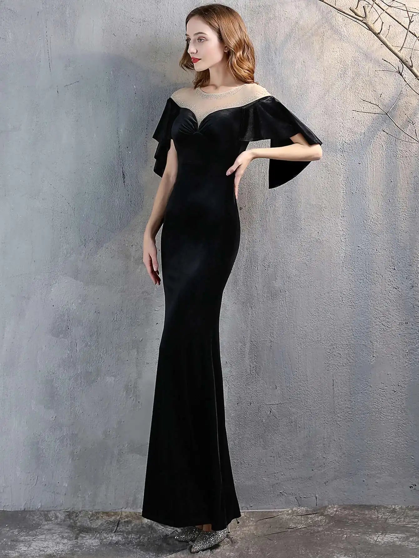 Luxury Mesh Velvet Diamonds O-Neck Wedding Cocktail Evening Dresses