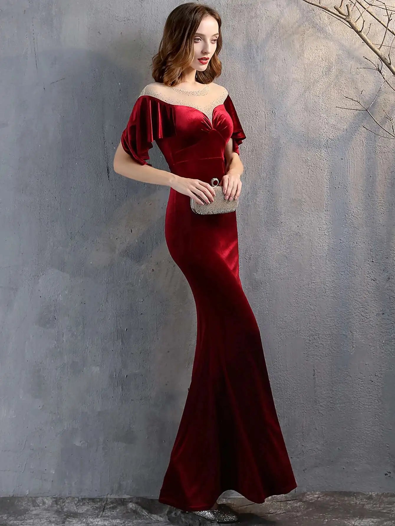 Luxury Mesh Velvet Diamonds O-Neck Wedding Cocktail Evening Dresses