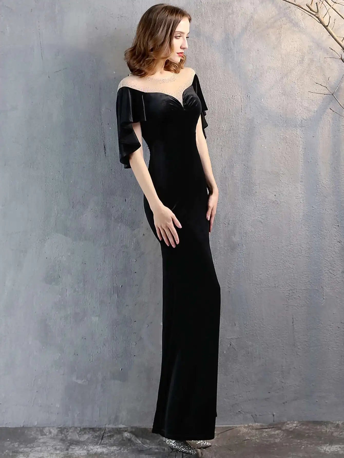 Luxury Mesh Velvet Diamonds O-Neck Wedding Cocktail Evening Dresses