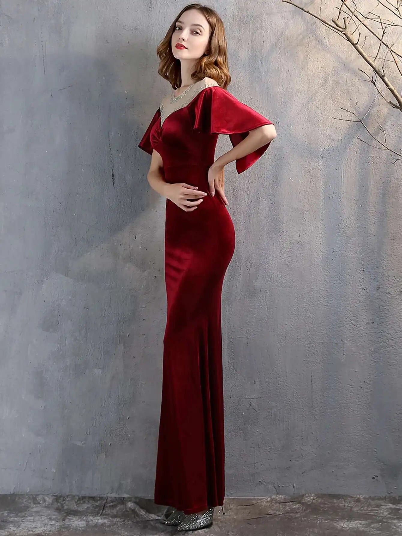 Luxury Mesh Velvet Diamonds O-Neck Wedding Cocktail Evening Dresses