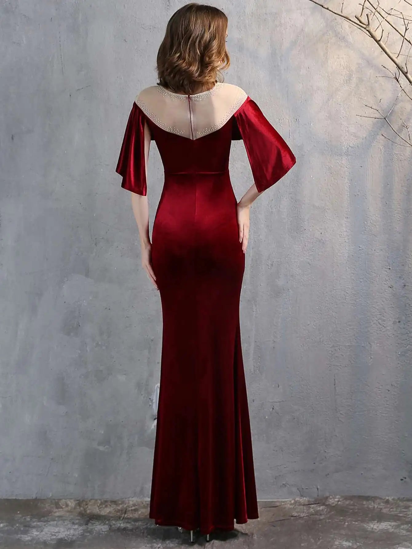 Luxury Mesh Velvet Diamonds O-Neck Wedding Cocktail Evening Dresses