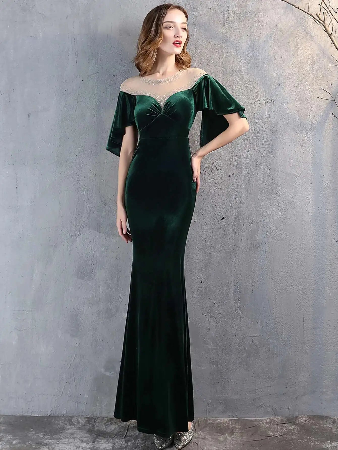 Luxury Mesh Velvet Diamonds O-Neck Wedding Cocktail Evening Dresses
