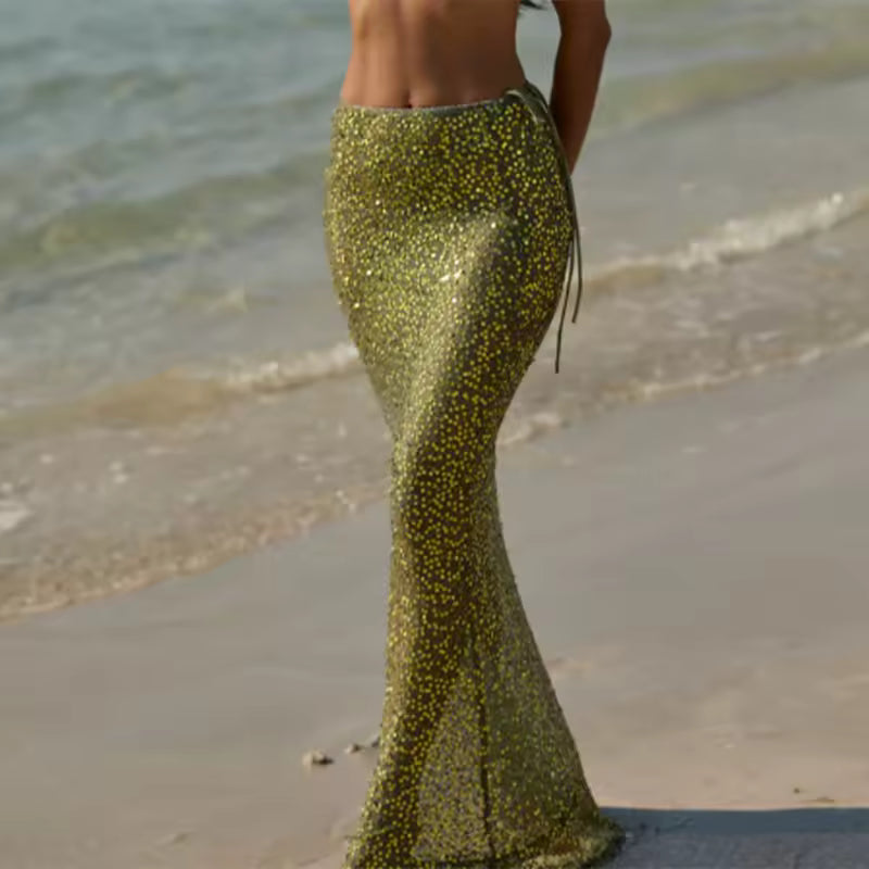 Sequin Boat Neck Long Sleeves Loose Tops Solid Color Skirts Suits Two-Piece Set