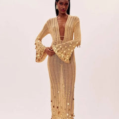Sequin Deep Neck Lace Up High Waist Long Party Club Knitted Maxi Dress