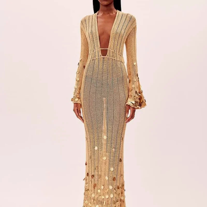 Sequin Deep Neck Lace Up High Waist Long Party Club Knitted Maxi Dress
