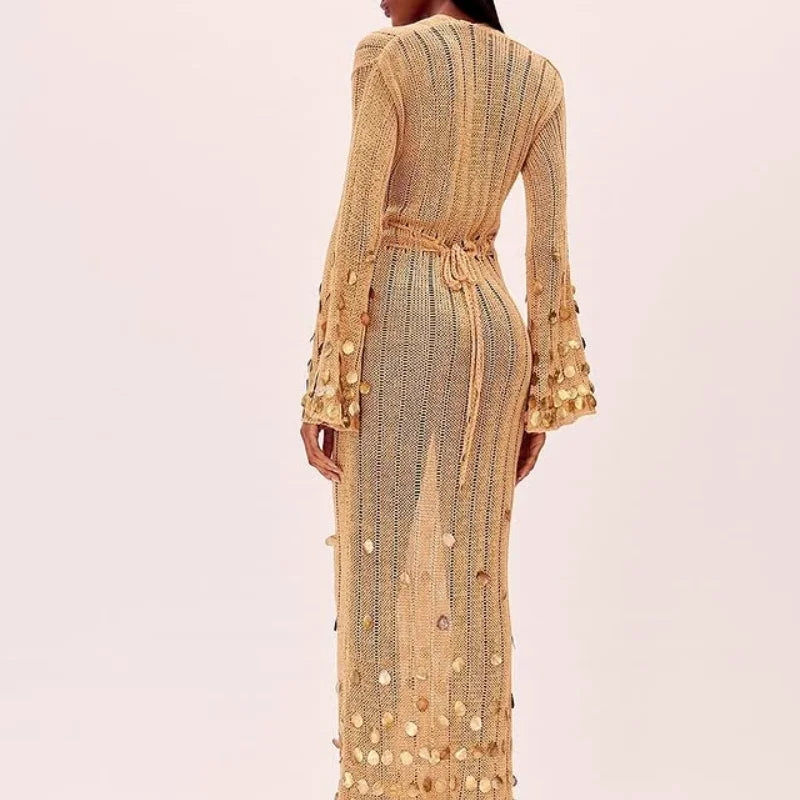 Sequin Deep Neck Lace Up High Waist Long Party Club Knitted Maxi Dress