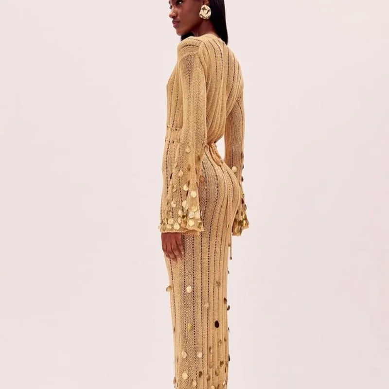 Sequin Deep Neck Lace Up High Waist Long Party Club Knitted Maxi Dress