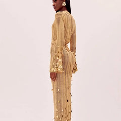 Sequin Deep Neck Lace Up High Waist Long Party Club Knitted Maxi Dress