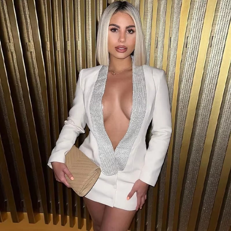 Sequin Deep V-Neck Backless Long Sleeve Glitter Party Club Blazer Dresses