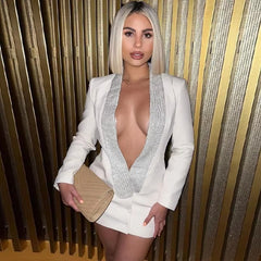 Sequin Deep V-Neck Backless Long Sleeve Glitter Party Club Blazer Dresses