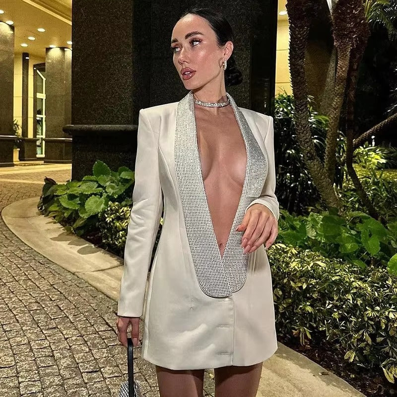 Sequin Deep V-Neck Backless Long Sleeve Glitter Party Club Blazer Dresses