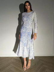 Elegant Long Sleeve Jewel Neckline Birthday Party Midi Dress