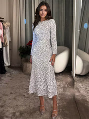 Elegant Long Sleeve Jewel Neckline Birthday Party Midi Dress
