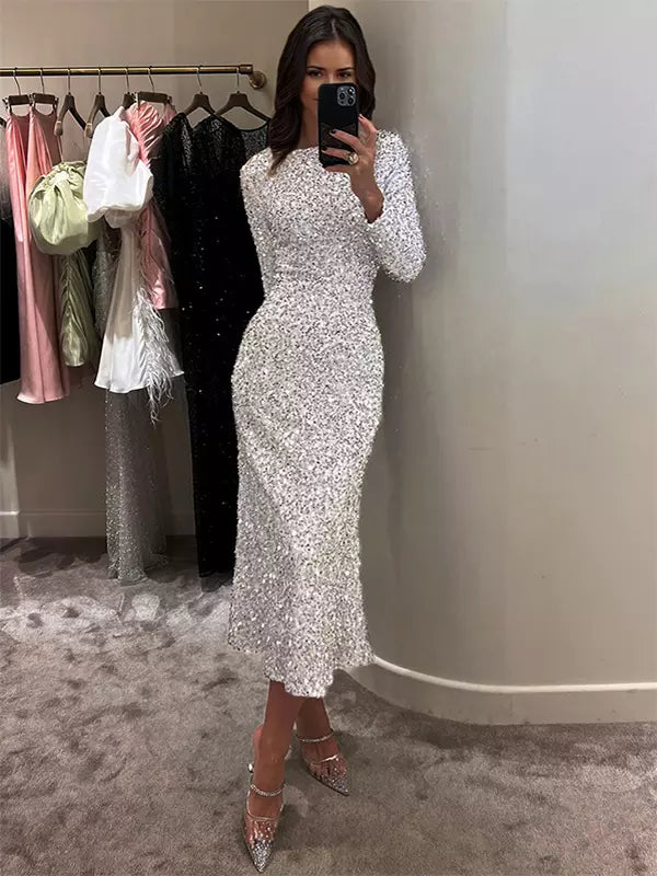 Elegant Long Sleeve Jewel Neckline Birthday Party Midi Dress