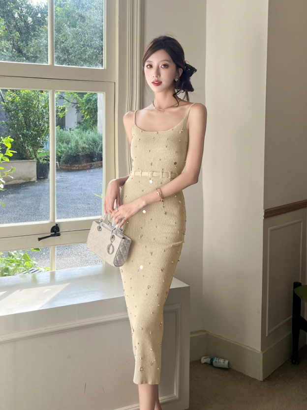 Sequin Elastic Bag Hip Sheath Pencil Long Slim Maxi knitted Sweater Dress