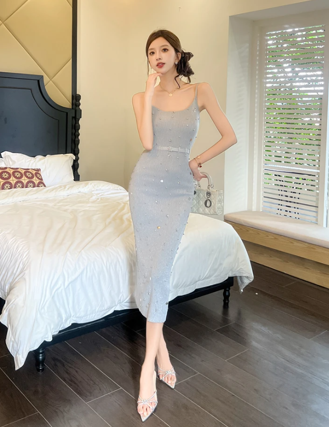 Sequin Elastic Bag Hip Sheath Pencil Long Slim Maxi knitted Sweater Dress
