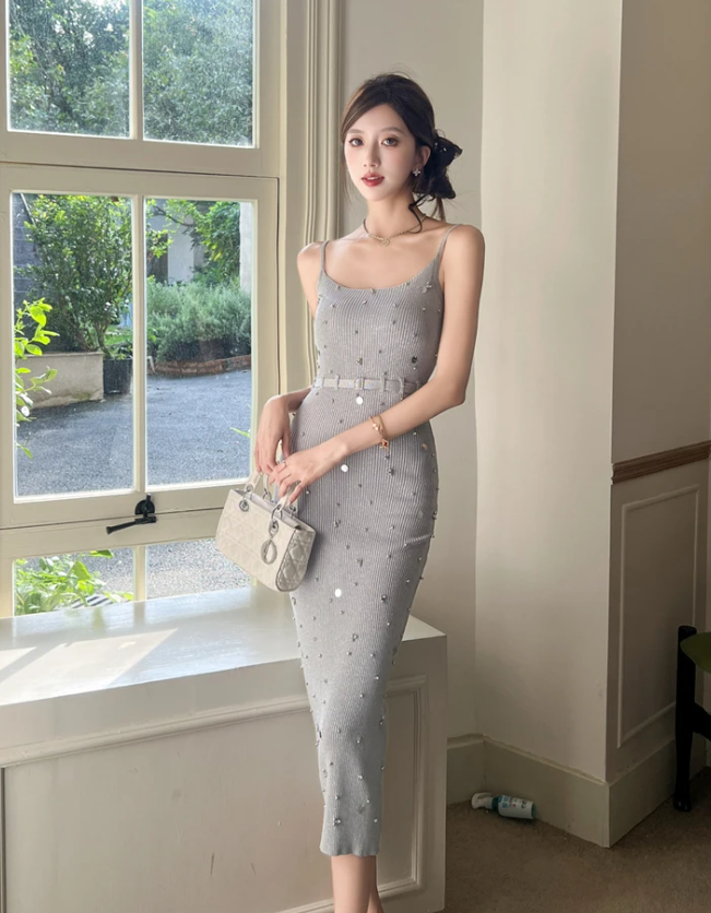 Sequin Elastic Bag Hip Sheath Pencil Long Slim Maxi knitted Sweater Dress